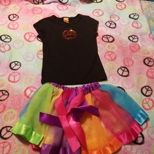 Pumpkin shirt with rainbow tulle skirt